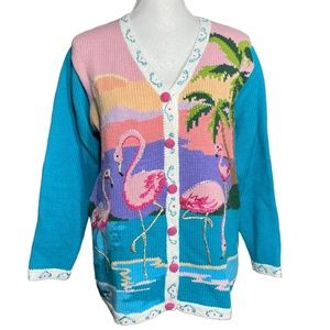 Storybook Knits Flamingo Sunset Cardigan S Tropical Sweater Palm Tree Lagoon